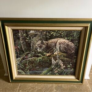 Vintage Framed Bobcat Canvas Oil Painting